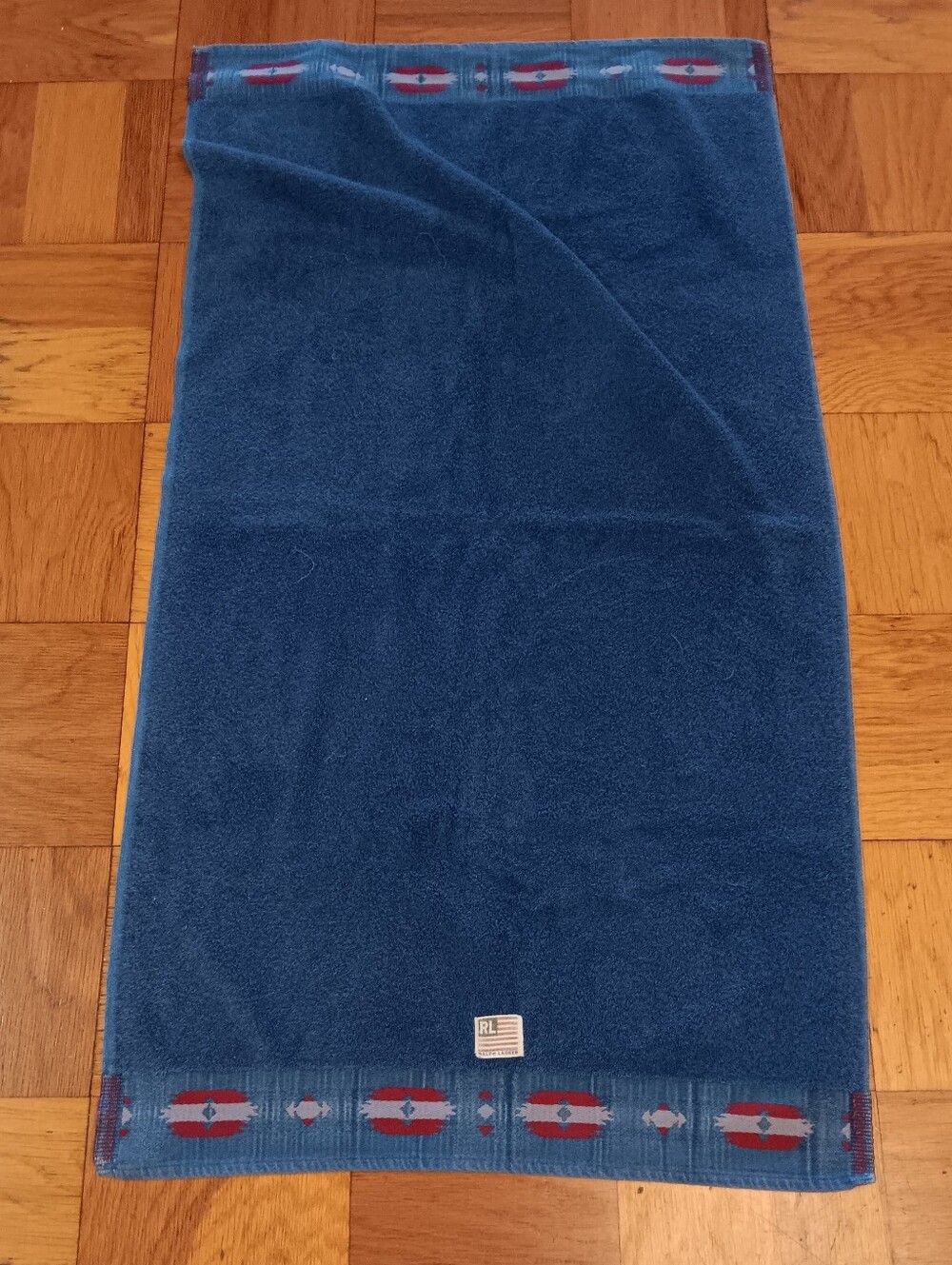 Vintage Ralph Lauren Blue Cotton Bath Towel with Patterned Trim